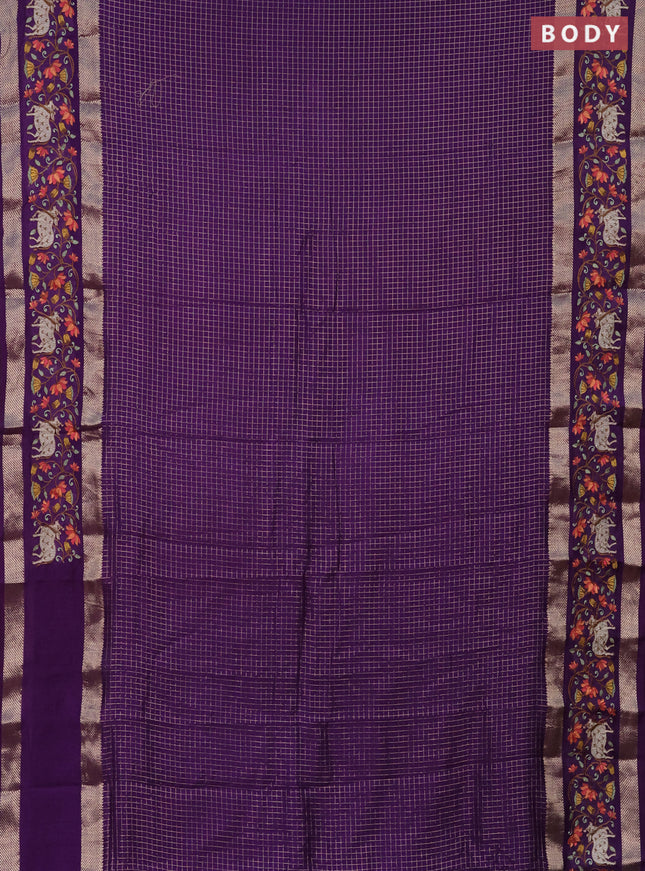 Semi chanderi saree violet with allover zari checked pattern and pichwai embroidery border