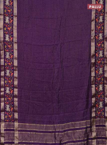 Semi chanderi saree violet with allover zari checked pattern and pichwai embroidery border