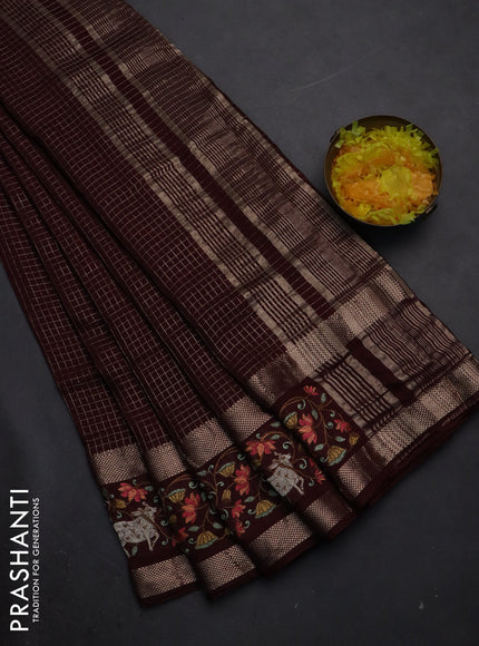Semi chanderi saree maroon with allover zari checked pattern and pichwai embroidery border