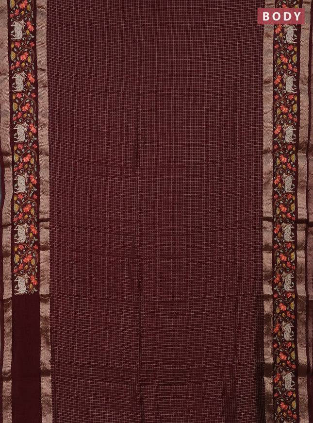 Semi chanderi saree maroon with allover zari checked pattern and pichwai embroidery border