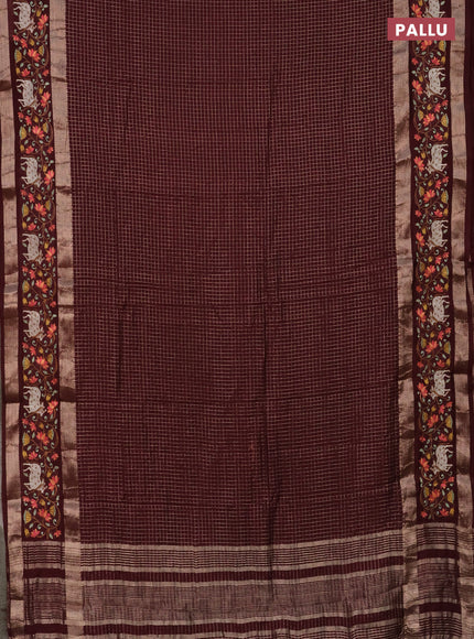 Semi chanderi saree maroon with allover zari checked pattern and pichwai embroidery border