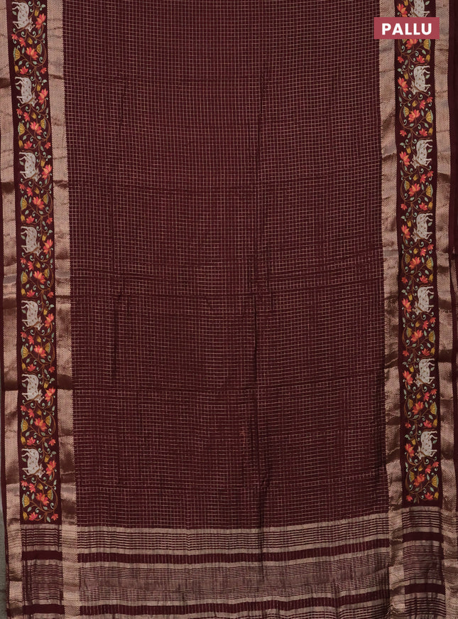Semi chanderi saree maroon with allover zari checked pattern and pichwai embroidery border