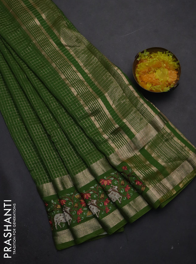 Semi chanderi saree light green with allover zari checked pattern and pichwai embroidery border