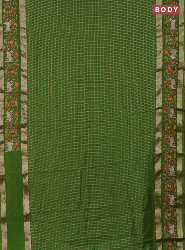 Semi chanderi saree light green with allover zari checked pattern and pichwai embroidery border