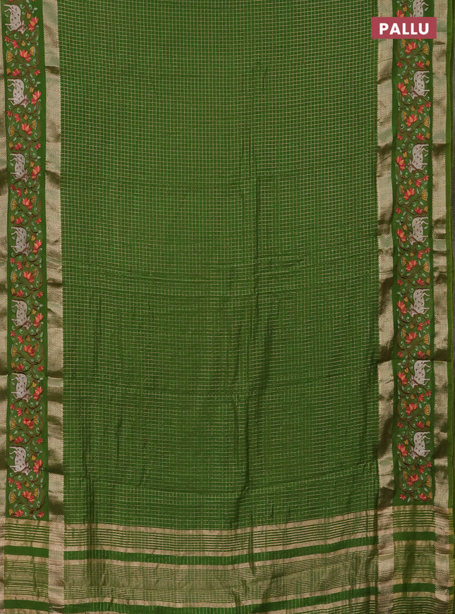 Semi chanderi saree light green with allover zari checked pattern and pichwai embroidery border