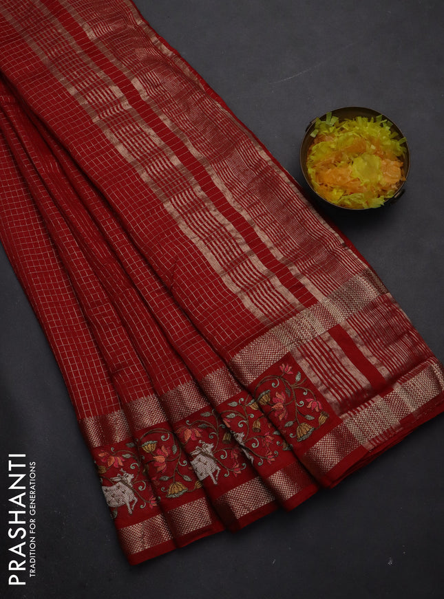 Semi chanderi saree red with allover zari checked pattern and pichwai embroidery border