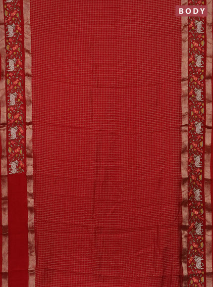 Semi chanderi saree red with allover zari checked pattern and pichwai embroidery border