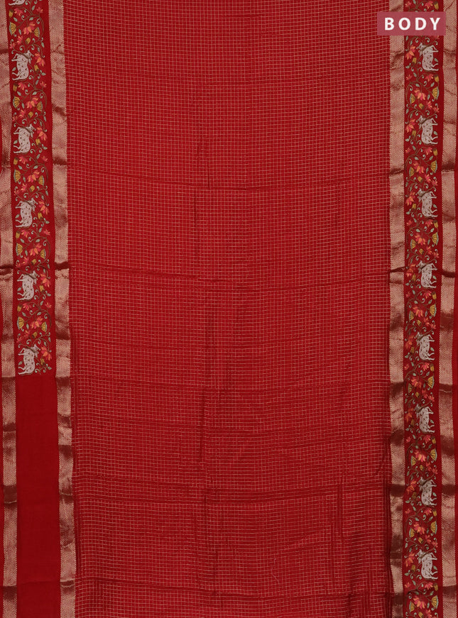 Semi chanderi saree red with allover zari checked pattern and pichwai embroidery border