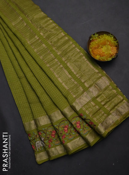 Semi chanderi saree lime green with allover zari checked pattern and pichwai embroidery border