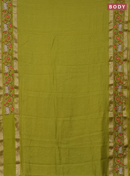 Semi chanderi saree lime green with allover zari checked pattern and pichwai embroidery border
