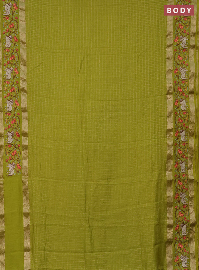 Semi chanderi saree lime green with allover zari checked pattern and pichwai embroidery border