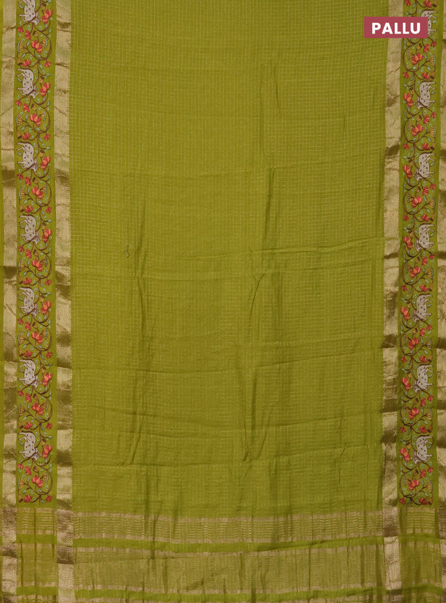 Semi chanderi saree lime green with allover zari checked pattern and pichwai embroidery border