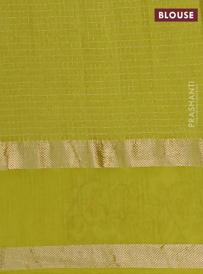 Semi chanderi saree lime green with allover zari checked pattern and pichwai embroidery border
