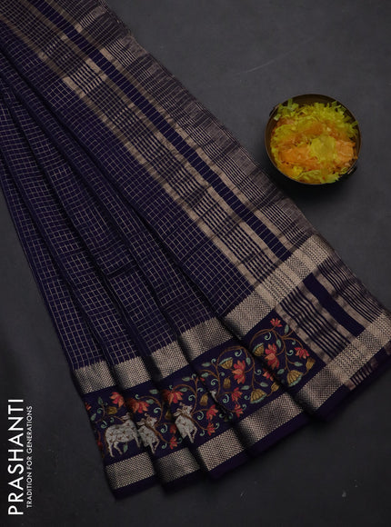 Semi chanderi saree blue with allover zari checked pattern and pichwai embroidery border
