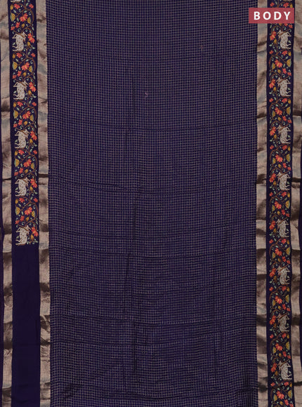 Semi chanderi saree blue with allover zari checked pattern and pichwai embroidery border
