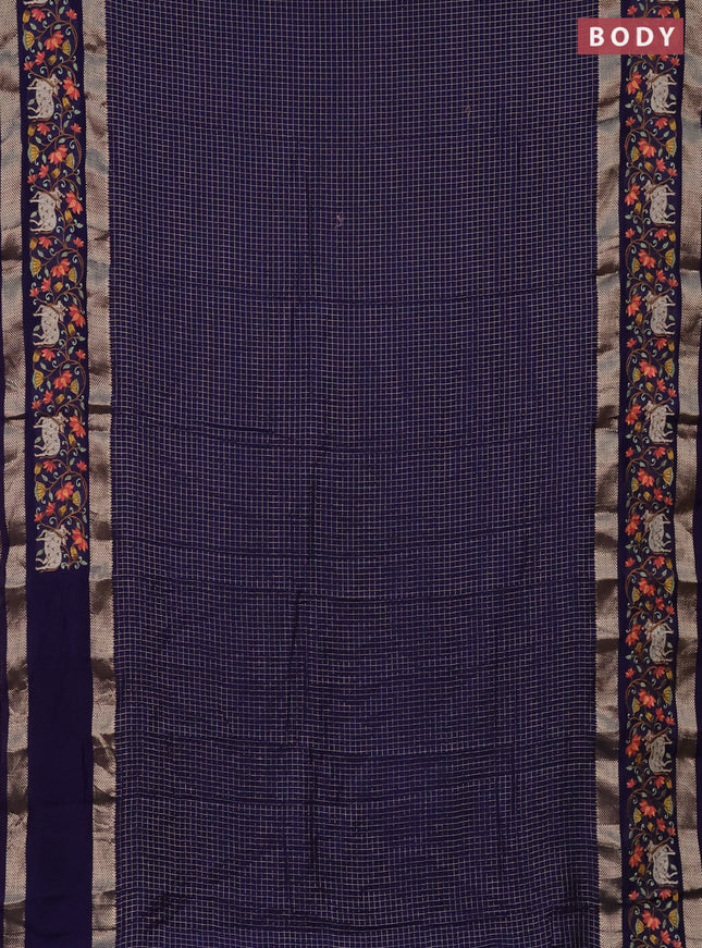Semi chanderi saree blue with allover zari checked pattern and pichwai embroidery border