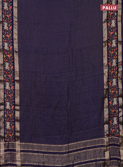 Semi chanderi saree blue with allover zari checked pattern and pichwai embroidery border