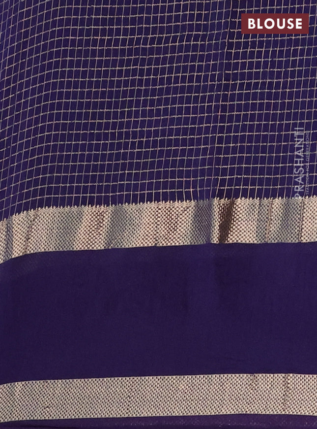 Semi chanderi saree blue with allover zari checked pattern and pichwai embroidery border