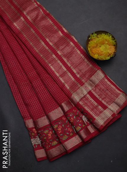 Semi chanderi saree pink with allover zari checked pattern and pichwai embroidery border