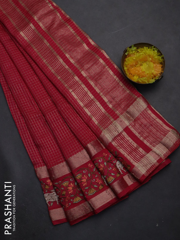 Semi chanderi saree pink with allover zari checked pattern and pichwai embroidery border