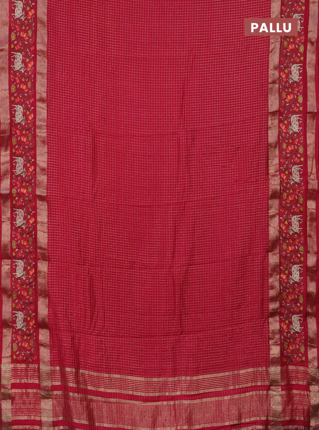 Semi chanderi saree pink with allover zari checked pattern and pichwai embroidery border