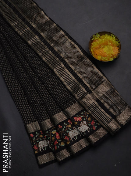 Semi chanderi saree black with allover zari checked pattern and pichwai embroidery border