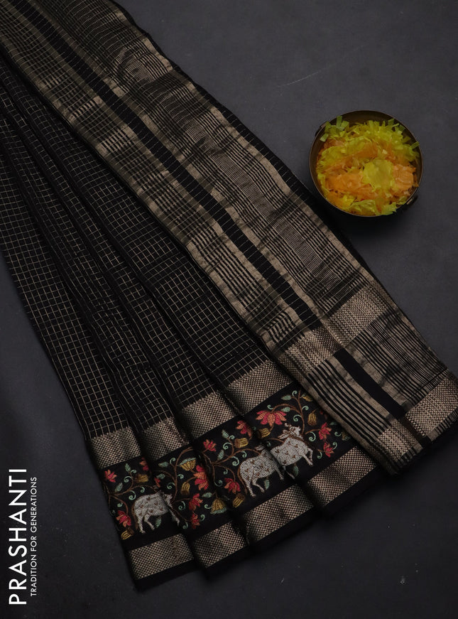 Semi chanderi saree black with allover zari checked pattern and pichwai embroidery border