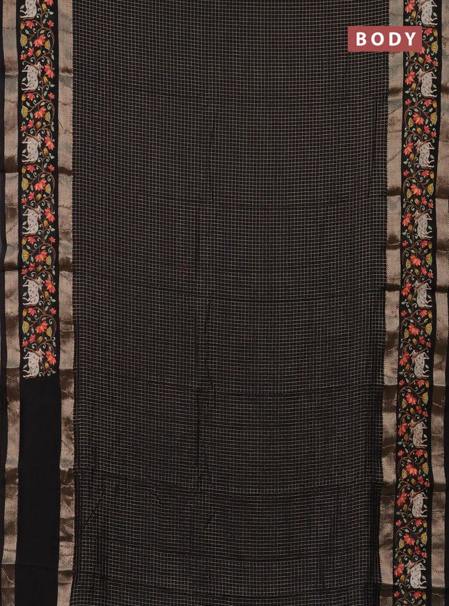 Semi chanderi saree black with allover zari checked pattern and pichwai embroidery border