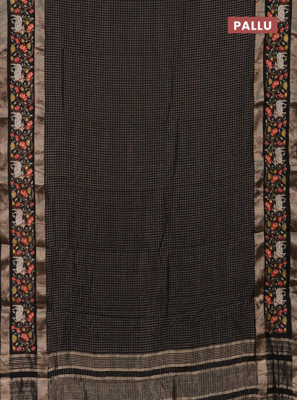 Semi chanderi saree black with allover zari checked pattern and pichwai embroidery border