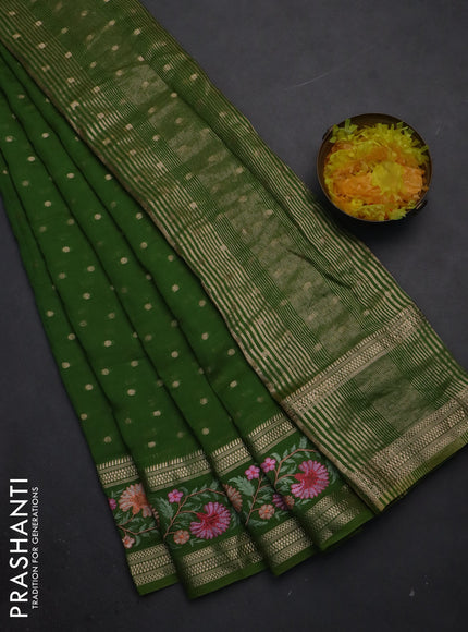 Semi chanderi saree light green with zari woven buttas and floral embroidery border