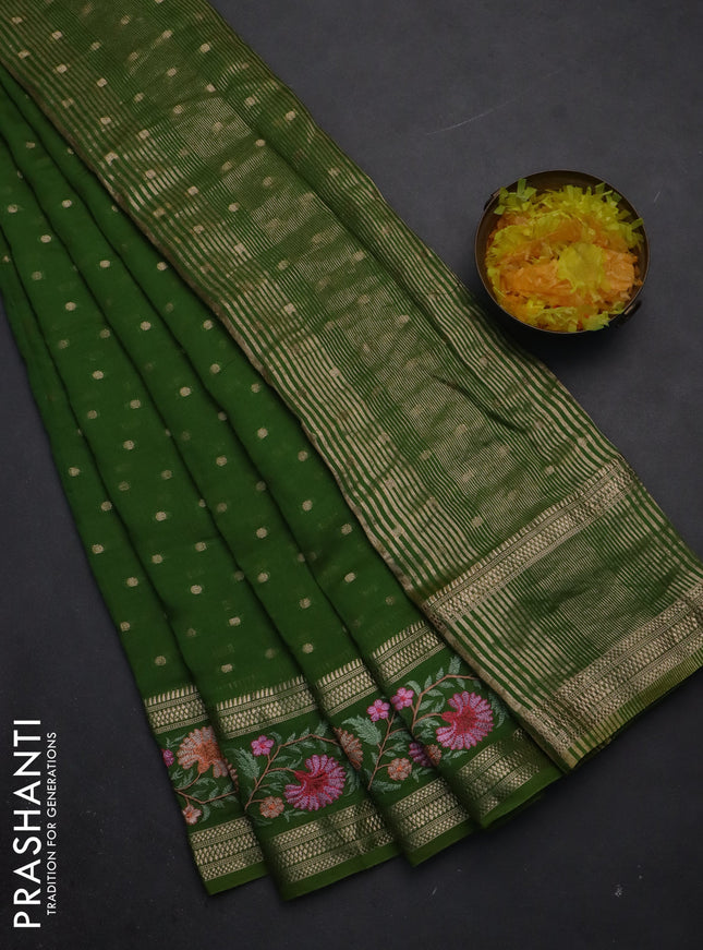 Semi chanderi saree light green with zari woven buttas and floral embroidery border