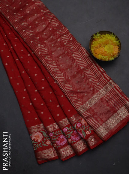 Semi chanderi saree red with zari woven buttas and floral embroidery border