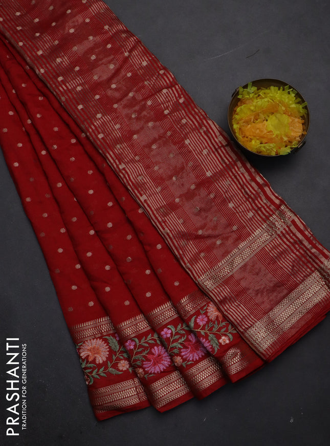 Semi chanderi saree red with zari woven buttas and floral embroidery border