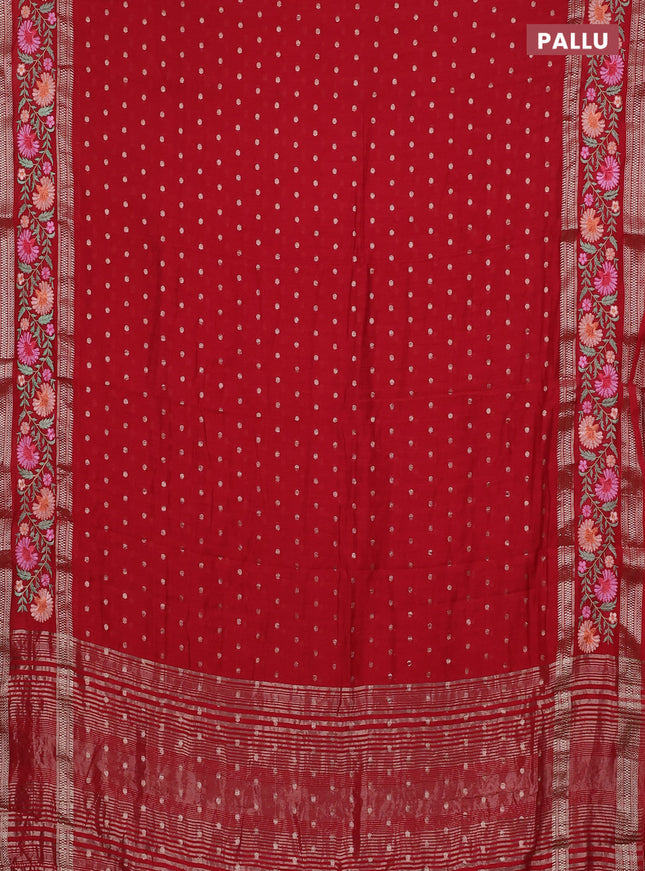 Semi chanderi saree red with zari woven buttas and floral embroidery border