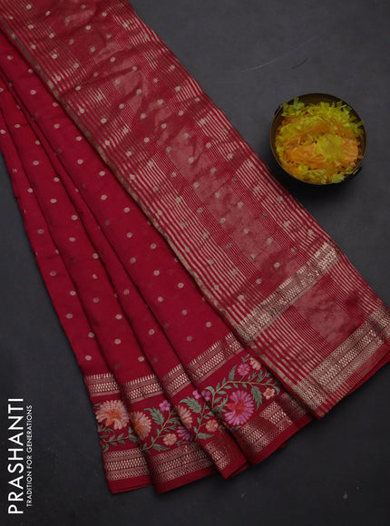 Semi chanderi saree pink with zari woven buttas and floral embroidery border