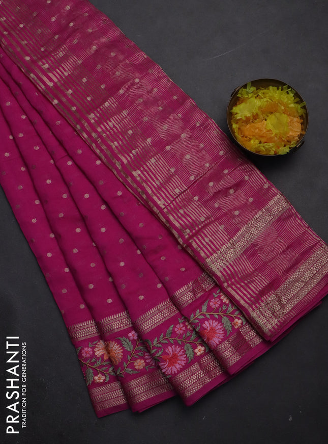 Semi chanderi saree pink with zari woven buttas and floral embroidery border