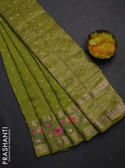 Semi chanderi saree light green with zari woven buttas and floral embroidery border