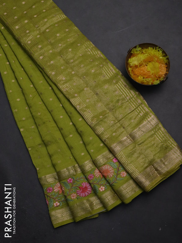 Semi chanderi saree light green with zari woven buttas and floral embroidery border