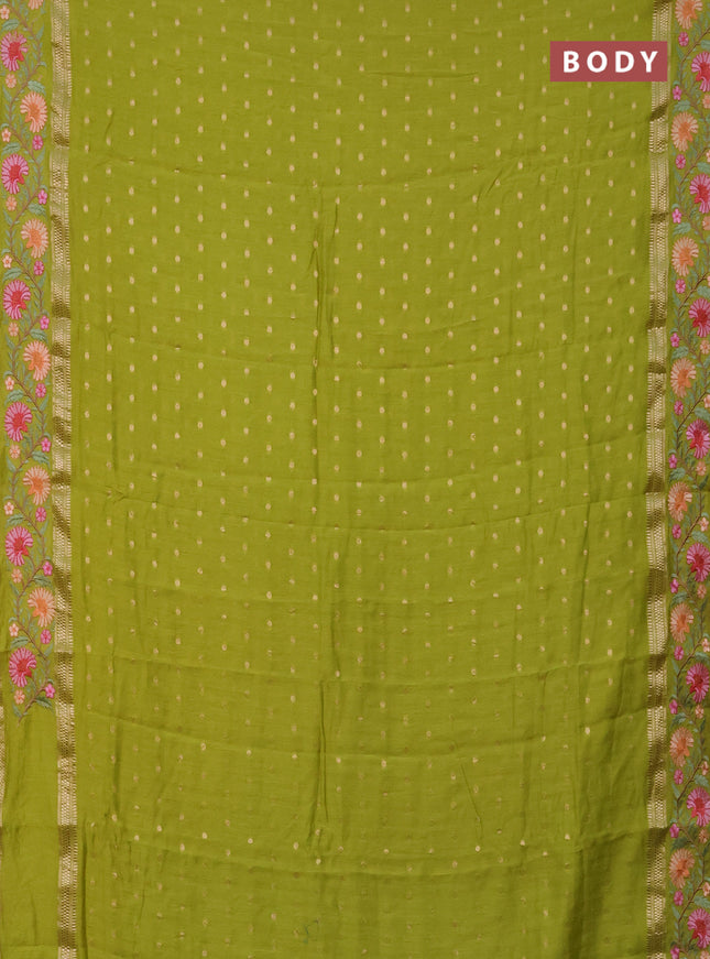 Semi chanderi saree light green with zari woven buttas and floral embroidery border