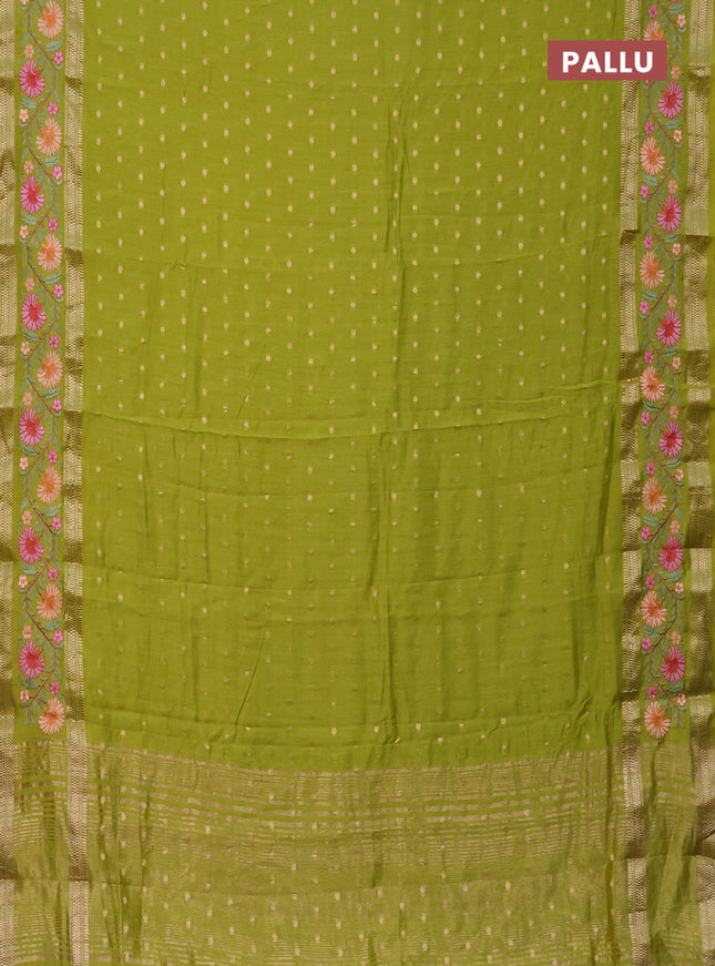Semi chanderi saree light green with zari woven buttas and floral embroidery border