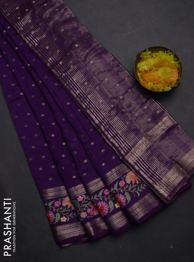 Semi chanderi saree violet with zari woven buttas and floral embroidery border