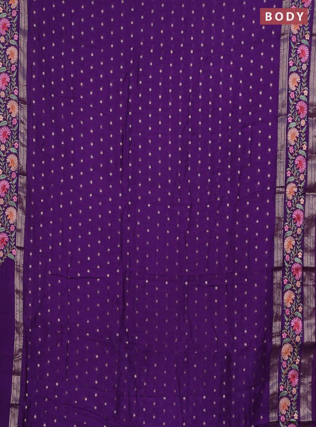 Semi chanderi saree violet with zari woven buttas and floral embroidery border