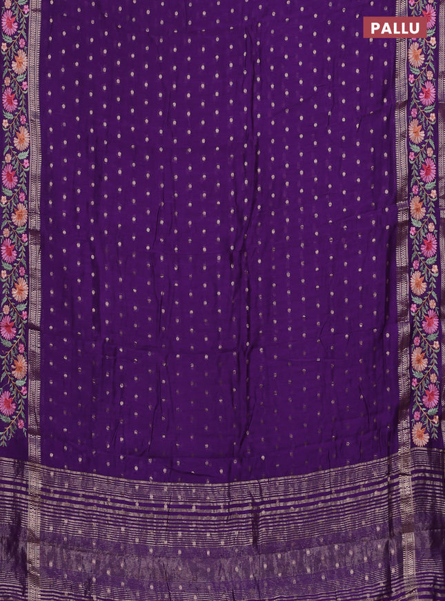 Semi chanderi saree violet with zari woven buttas and floral embroidery border
