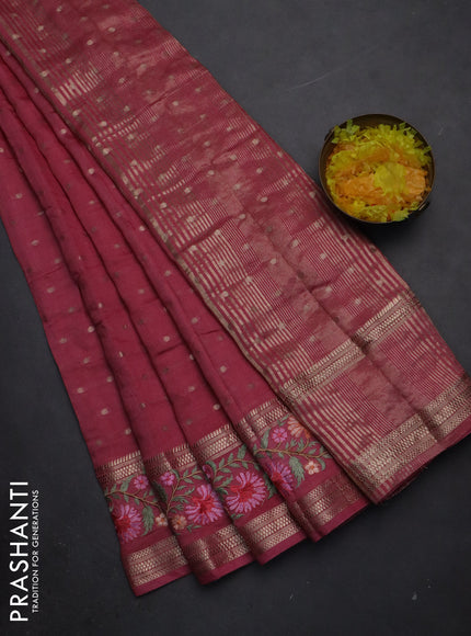 Semi chanderi saree pink shade with zari woven buttas and floral embroidery border