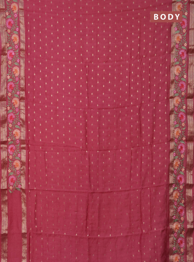 Semi chanderi saree pink shade with zari woven buttas and floral embroidery border