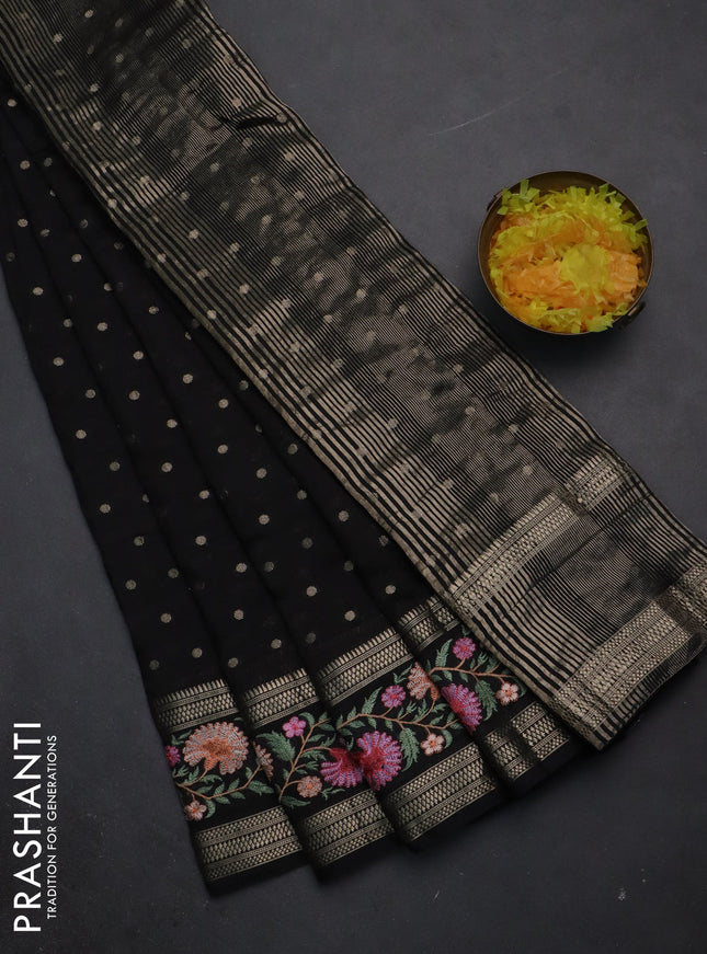 Semi chanderi saree black with zari woven buttas and floral embroidery border