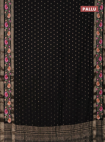 Semi chanderi saree black with zari woven buttas and floral embroidery border