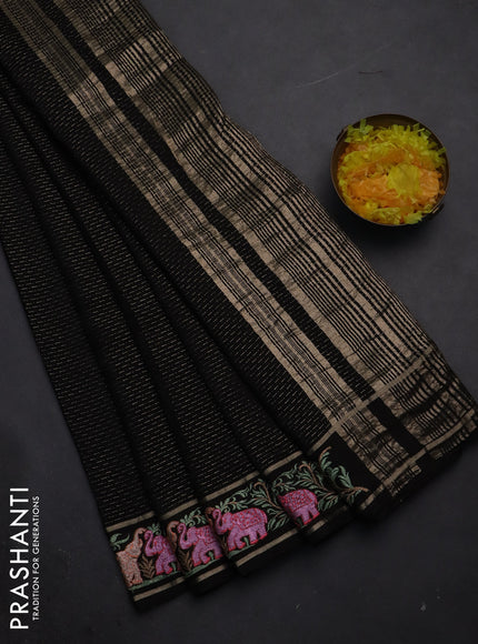Semi chanderi saree black with allover zari weaves and floral embroidery border