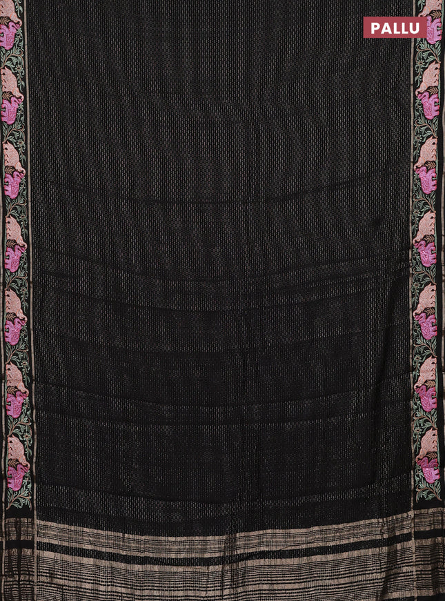 Semi chanderi saree black with allover zari weaves and floral embroidery border