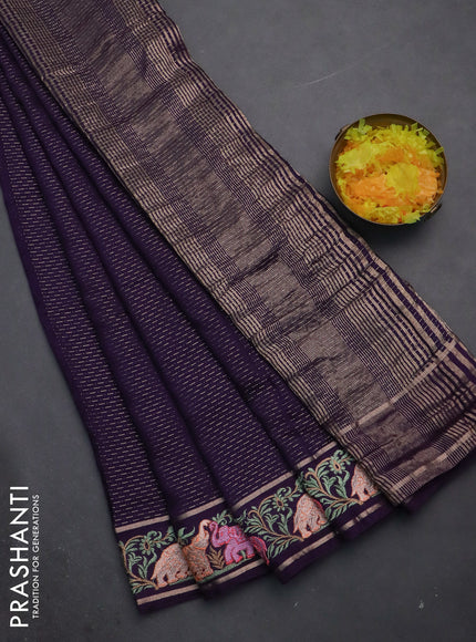 Semi chanderi saree deep violet with allover zari weaves and floral embroidery border
